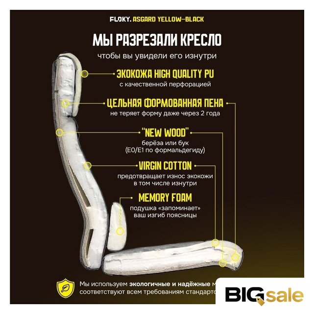 Игровое (геймерское) кресло FLOKY Asgard Yellow-Black (желтый/черный) - Изображение №17 — Интернет магазин BigSale