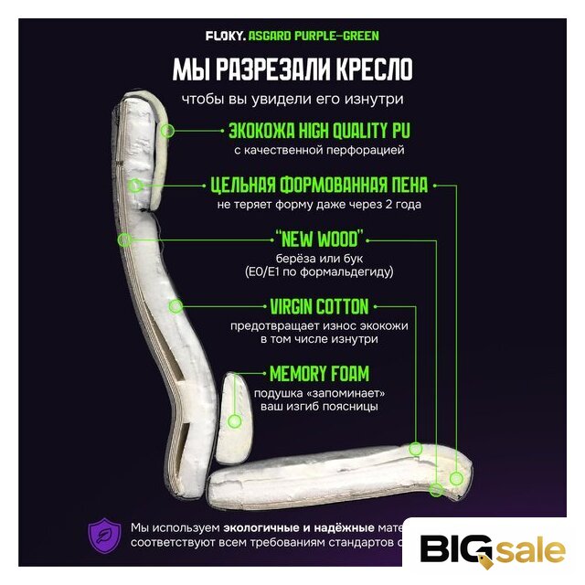 Игровое (геймерское) кресло FLOKY Asgard Purple-Green (фиолетовый/зеленый) - Изображение №6 — Интернет магазин BigSale