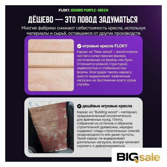 Игровое (геймерское) кресло FLOKY Asgard Purple-Green (фиолетовый/зеленый) - Изображение №7 — Интернет магазин BigSale