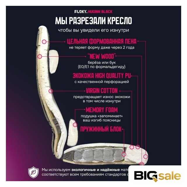 Игровое (геймерское) кресло FLOKY Huginn Black (черный) - Изображение №6 — Интернет магазин BigSale